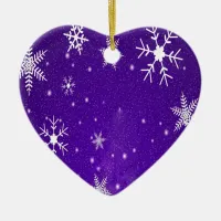 White Snowflakes with Blue-Purple Background Ceramic Ornament