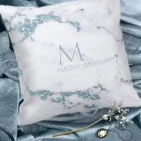 Modern Marble Glitter Monogram Dusty Blue ID816 Throw Pillow