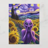 Purple Alien Screaming Sunflowers Faux Van Gogh Postcard