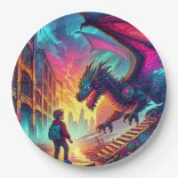 Boy Encounters a Dragon in a Dystopian World Paper Plates