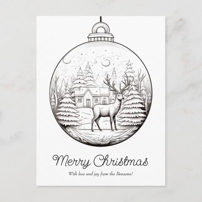 Christmas Ornament Deer & Trees Coloring Holiday Postcard