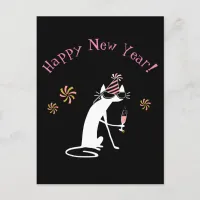 Happy New Year Wine Quote with Cat Postcard