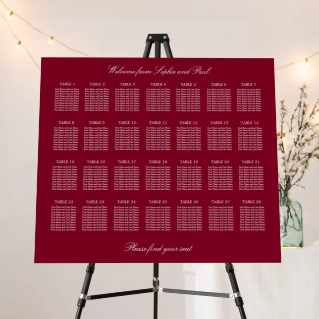Burgundy 28 Table Wedding Seating Chart Foam Board