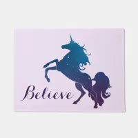 Believe | Magical Purple and Blue Rearing Unicorn Doormat