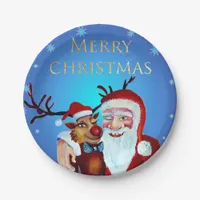 Watercolor Magical Santa Claus Smiling Rudolph Paper Plates