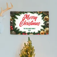 Golden Ornaments Pine Branches Elegant Christmas Banner