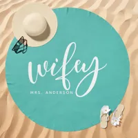 Wifey Teal and White Bride Beach Towel