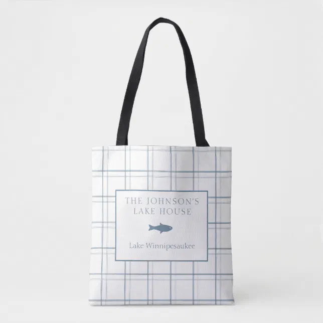 Classic Customizable Plaid Lake House Blue Fish Tote Bag