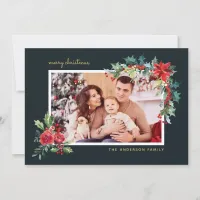 Watercolor Holly Navy Floral Christmas Photo Card