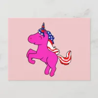 Unicorn Yarrow Pink Patriotic USA Flag Mane Art Postcard