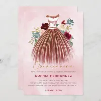 Burgundy gold glitter Floral Dress Quincea&#241;era Invitation