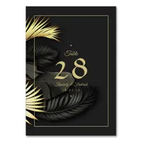 Elegant Black & Gold Tropical Leaf Wedding Table Number