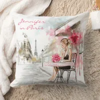 Watercolor Sketch of Paris City with Woman Coffee Throw Pillow