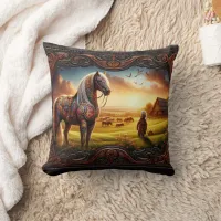 Colorful War Horse in Vibrant Sunset Landscape Throw Pillow