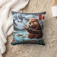 Canadian Beaver Holding Sticks by a Lake Throw Pillow