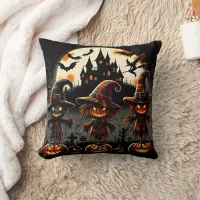 Spooky Halloween scarecrows guarding the graveyard Throw Pillow