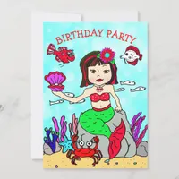 Black Haired  Mermaid Under the Sea Birthday Party Invitation