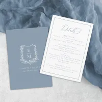 Elegant Dusty Blue Floral Crest Wedding Details Enclosure Card