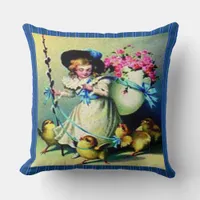 Vintage Easter Girl, Baby Chicks & Stripes , ZSSG Throw Pillow