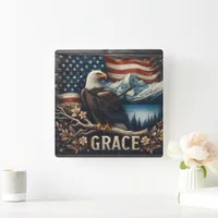 Eagle Perched on Branch Against Mountain Landscape Square Wall Clock