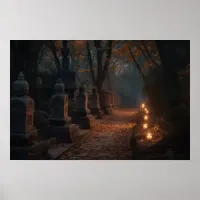 Winding cobblestone path through woods at twilight