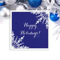 White Winter Snowflakes on Blue Happy Holidays Paper Napkins