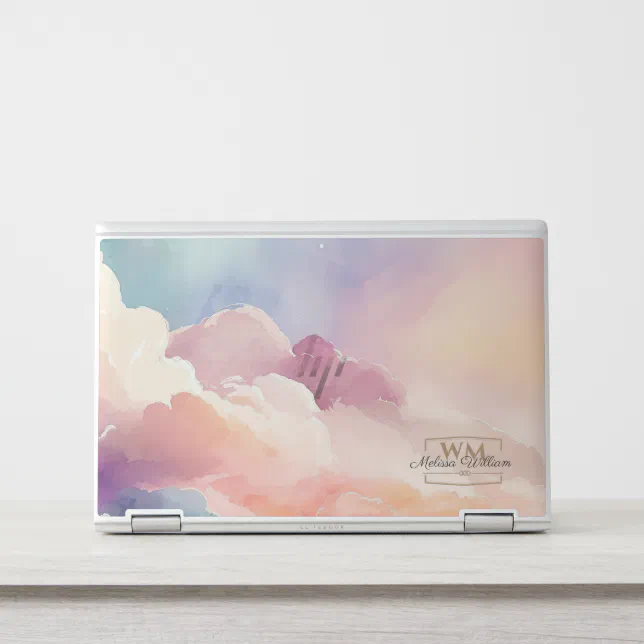 Watercolor Clouds Black Gold Monogram Name Script HP Laptop Skin