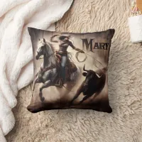 Cowgirl Roping Bull at Rodeo Event Throw Pillow