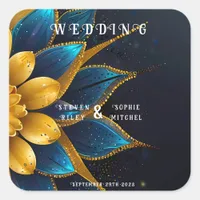 Elegant Sapphire and Gold Floral Wedding Square Sticker