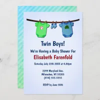Twin Boys Close Line Blue & Green Baby Shower Invitation
