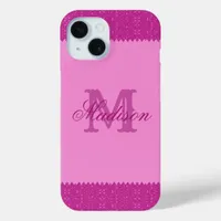 Girly pink glitter zigzag, monogram iPhone 15 case