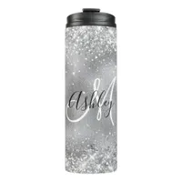 Faux Silver Foil with Sparkly Glitter Monogram Thermal Tumbler