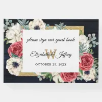 Rustic Wood Navy Burgundy Gold Floral Wedding Guest Book