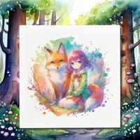 Pretty Watercolor Anime Girl and Fox Birthday Napkins