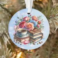 Pretty Floral Vintage Books and Coffee  Christmas Ornament