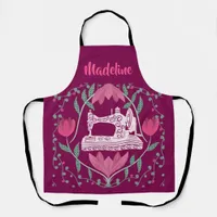 Vintage Sewing Machine & Floral Fuchsia Apron