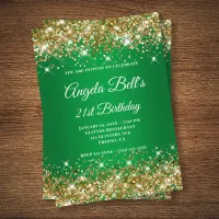 Gold Glitter Green Ombre Monogram 21st Birthday Invitation