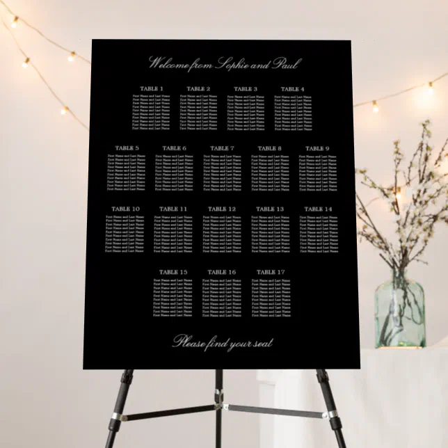 Elegant Black 17 Table Wedding Seating Chart Foam Board