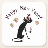 Happy New Year Wine Quote with Cat Square Paper Coaster