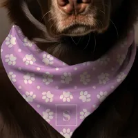 Purple And White Polka Dot Paw Print Monogram Dog Bandana