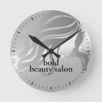 Beauty Salon Custom Name Platinum Silver Metallic Round Clock