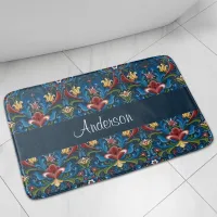 Blue Floral Scandinavian Folk Art Pattern Bath Mat