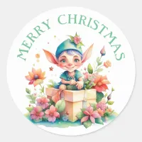 Merry Christmas Elf Watercolor Illustration Classic Round Sticker