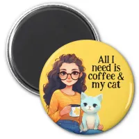 Happiness is Coffee & Cat Cute Yellow Magnet