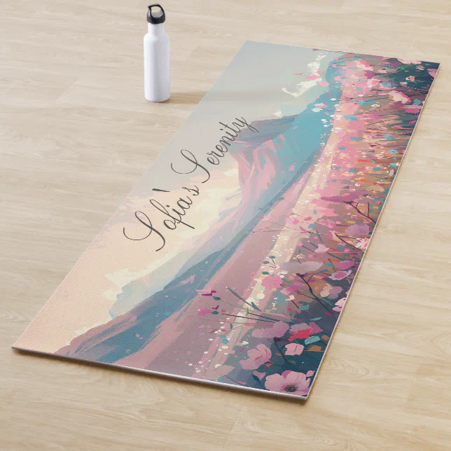 Pink Flowers And Mountains Artistic Hand-drawn Yoga Mat