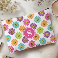 Retro Rainbow Happy Daisy Pattern Monogrammed Accessory Pouch