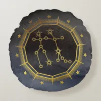 Dark Zodiac Astrology: Gemini Black & Gold Round Pillow