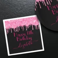 Custom Name + Age Hot Pink Dripping Glitter Black Napkins