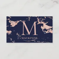 Navy Blue Copper Rose Gold Foil Marble Monogram Business Card