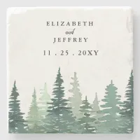 Rustic Watercolor Pine Forest Winter Wedding   Stone Coaster